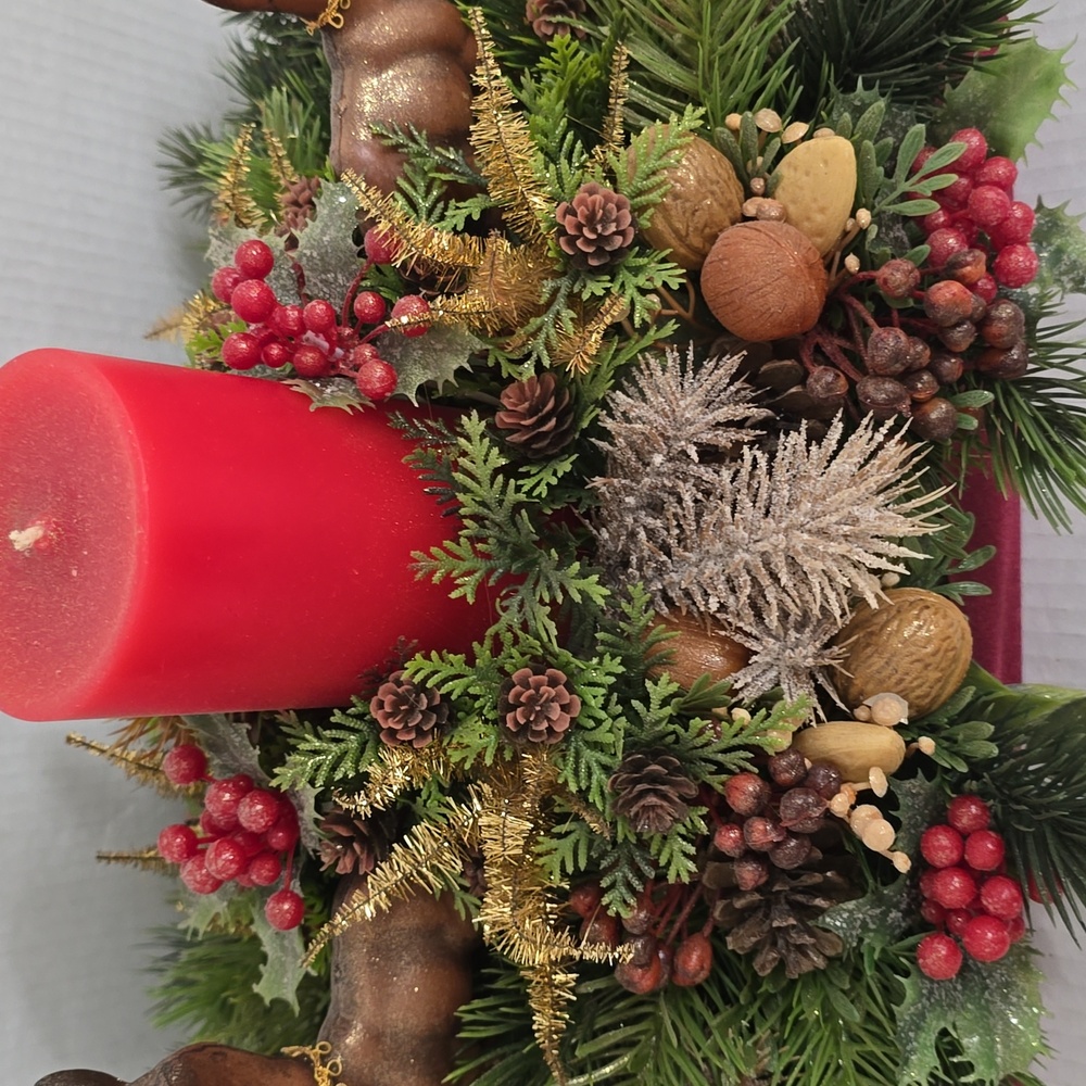 Vintage Festive Red Candle Centerpiece with Reindeer Accents - Picture 4 of 16